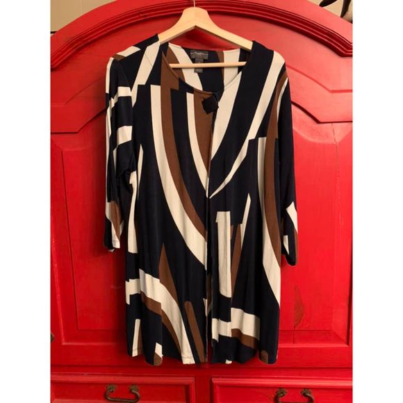 Travelers by Chico's Sze 2  L 12 Long Asymmetric Brown Black Cardigan Dressy EUC - Picture 1 of 4